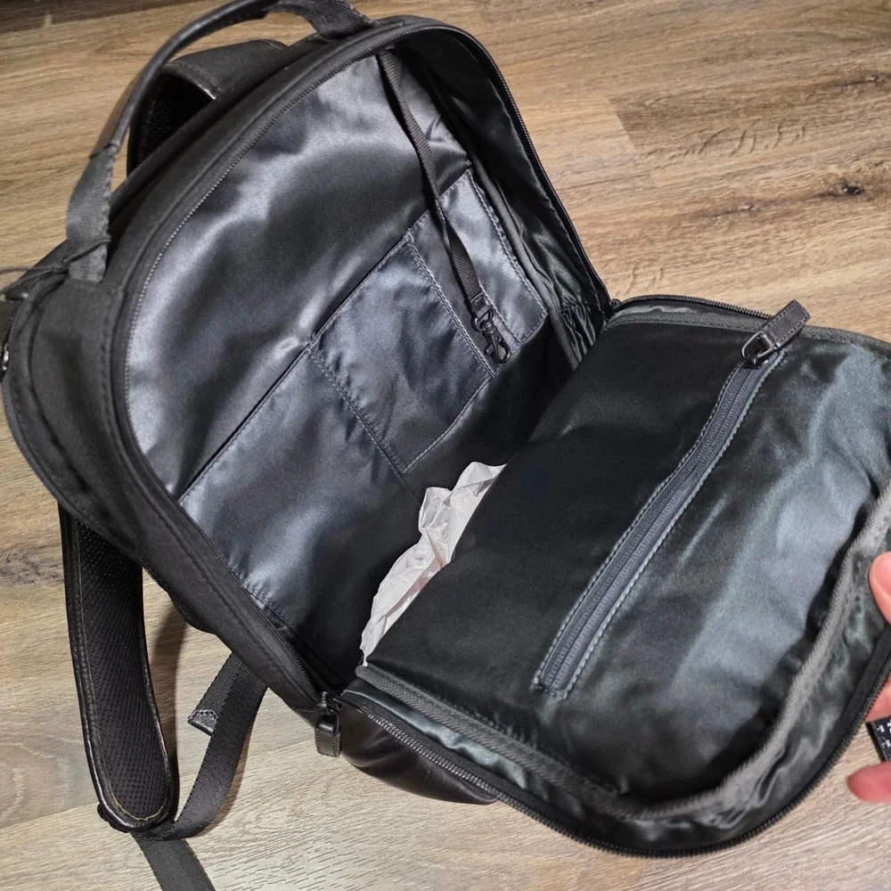 Joseph Abboud Mens OS Laptop Backpack Black Leather Trim Canvas Commuter‎ Bag